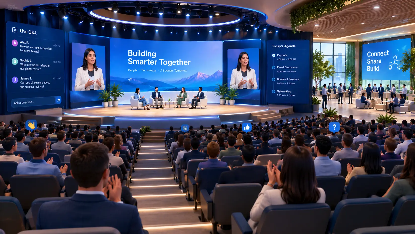 Virtual conference space with live speakers