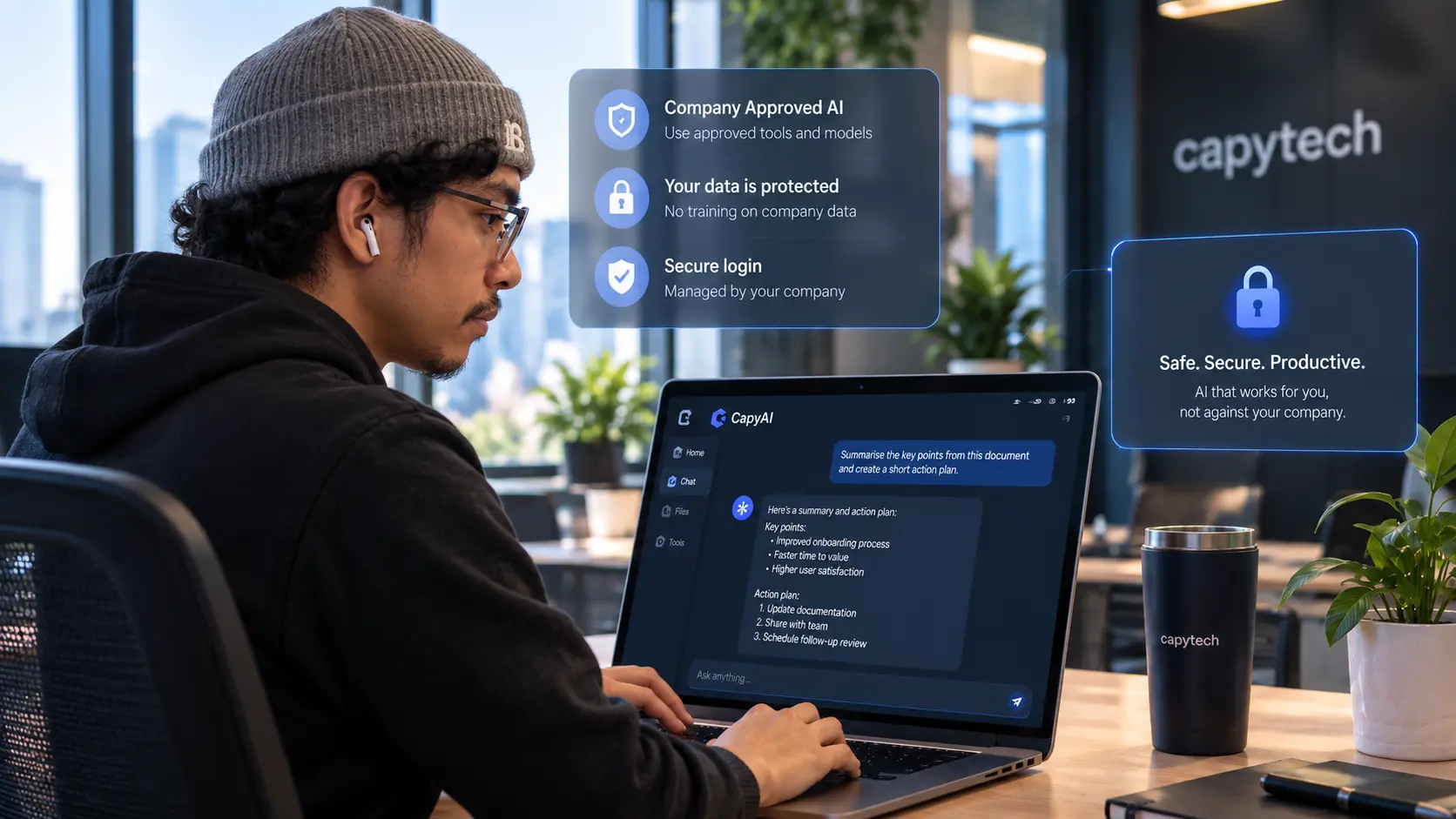 Employee using AI safely at work on a secure company laptop