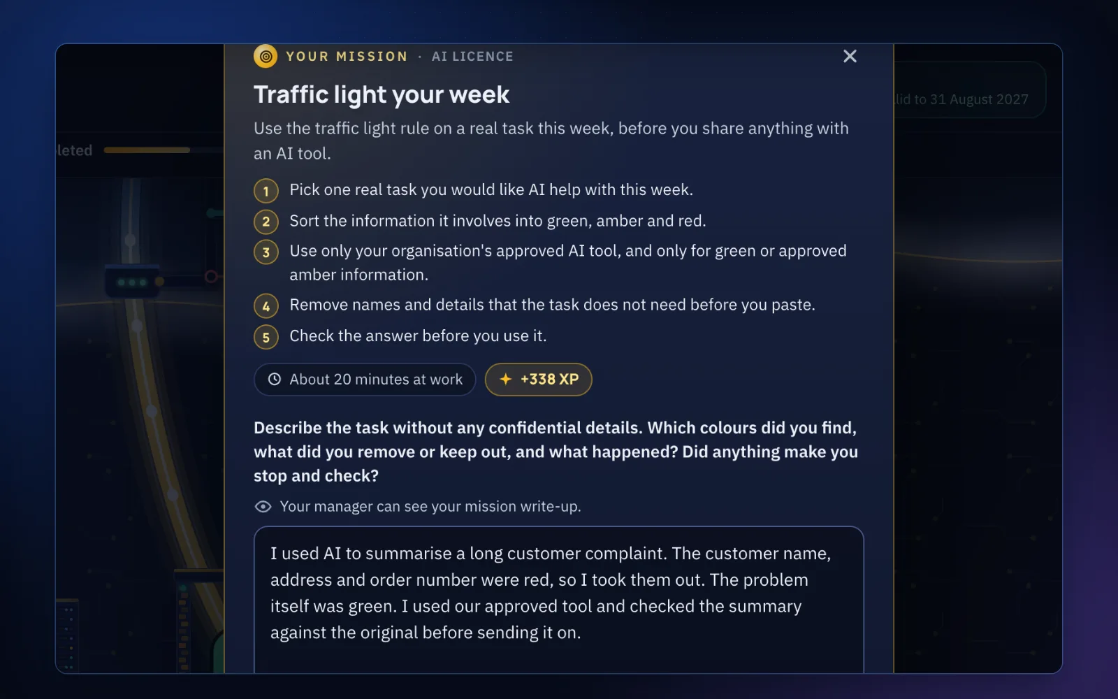 An AI Licence mission: a real task at work with the learner's write-up