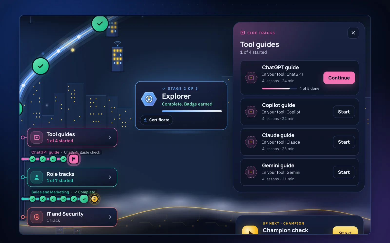 Side tracks on the journey map: tool guides for ChatGPT, Copilot, Claude and Gemini, role tracks and IT and security