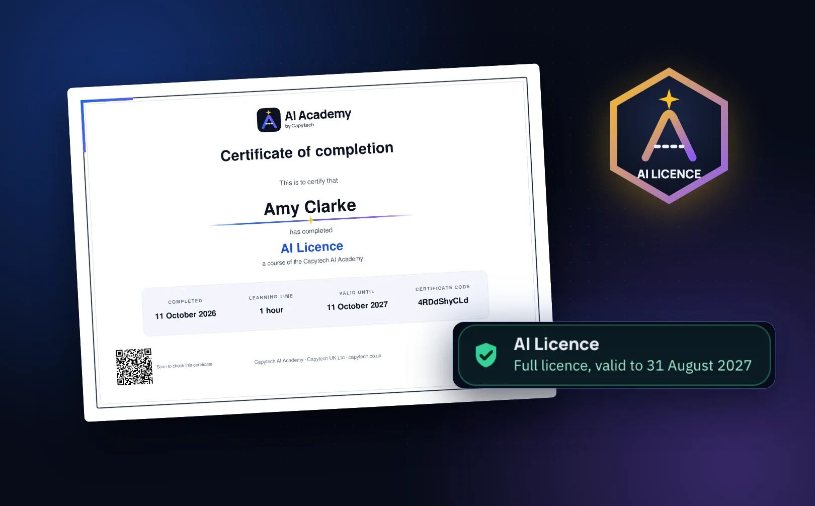 AI Licence certificate of completion with the learner's Licence status and the AI Licence badge