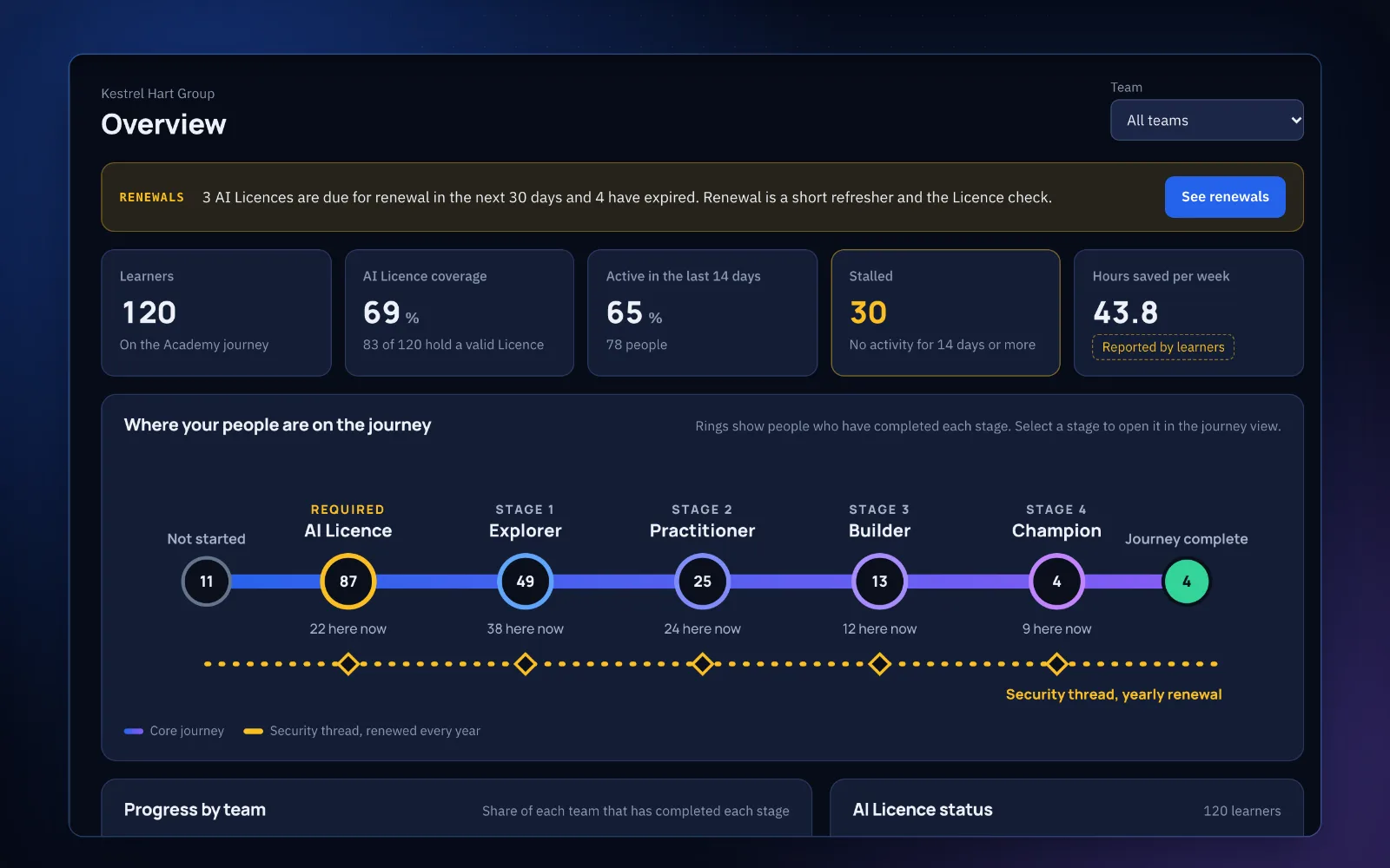 AI training dashboard overview: learners, AI Licence coverage, activity, stalled learners, hours saved and where people are on the journey
