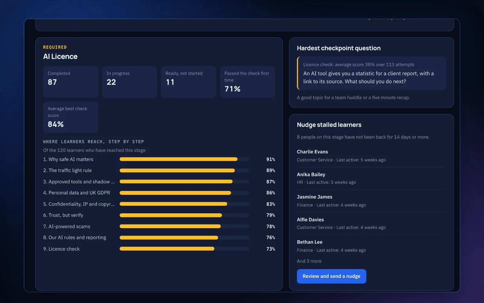 Dashboard view of one stage: completions, where learners drop off lesson by lesson, the hardest check question and stalled learners to nudge