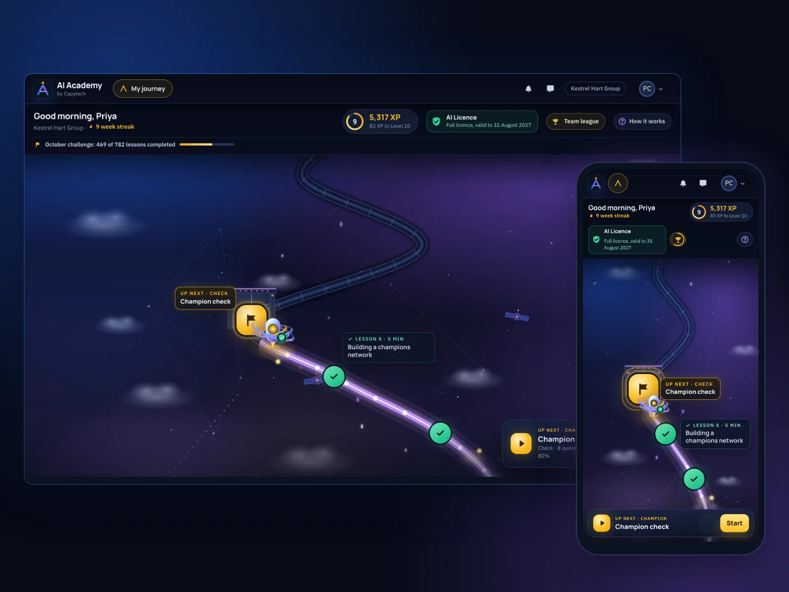 The Capytech AI Academy journey map on a laptop and a phone, showing a learner's progress towards the Champion stage