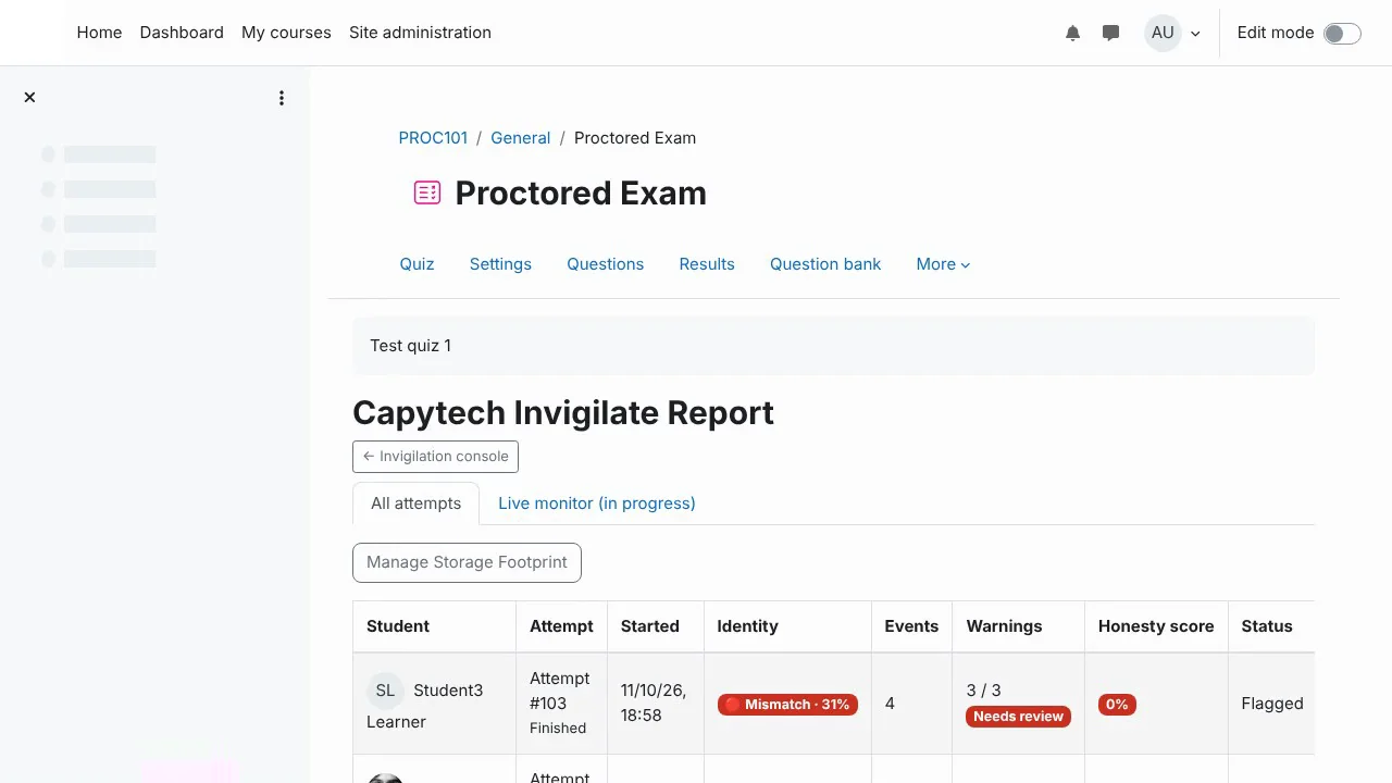 The Capytech Invigilate report for an exam: each attempt with its identity result, events, warnings, honesty score and status