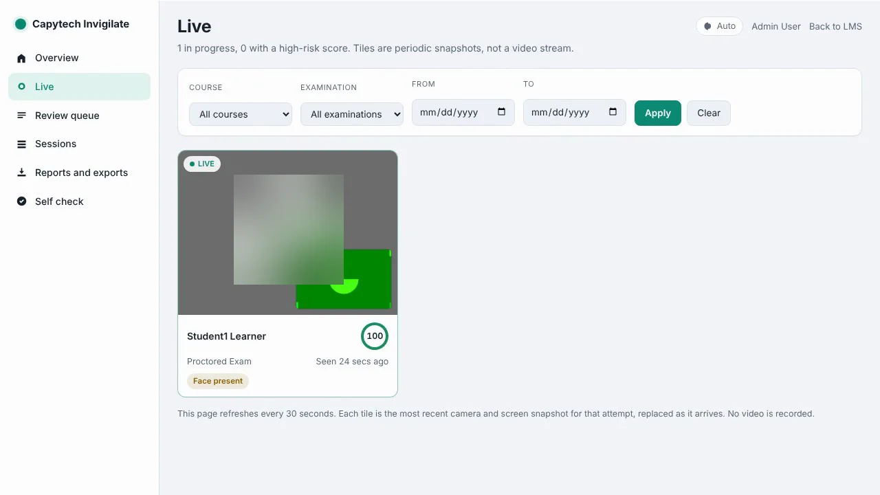 The Live view in the invigilation console: a tile for a student sitting the exam, with the latest picture, an honesty score of 100 and the status Face present