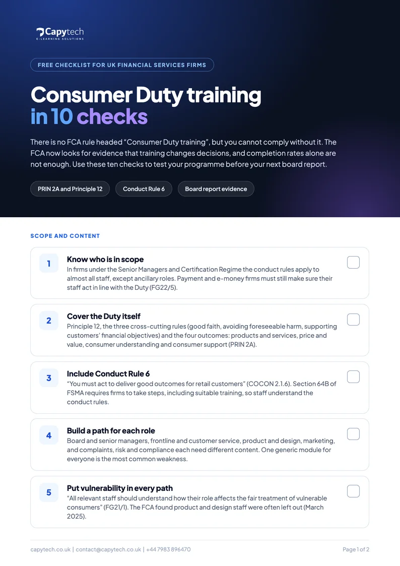 Page one of the checklist Consumer Duty training in 10 checks