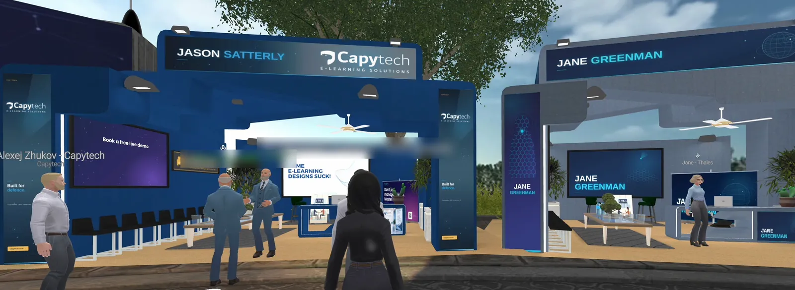 Branded booths in the 3D virtual arena at Defence Question Time, with guests as avatars networking at the Capytech and Jane Greenman booths