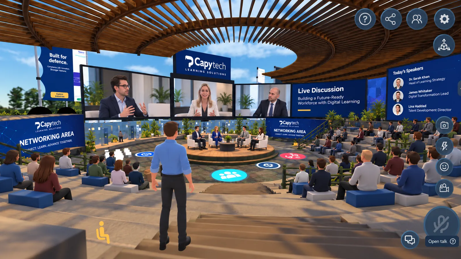 Live panel discussion inside a Capytech virtual event space