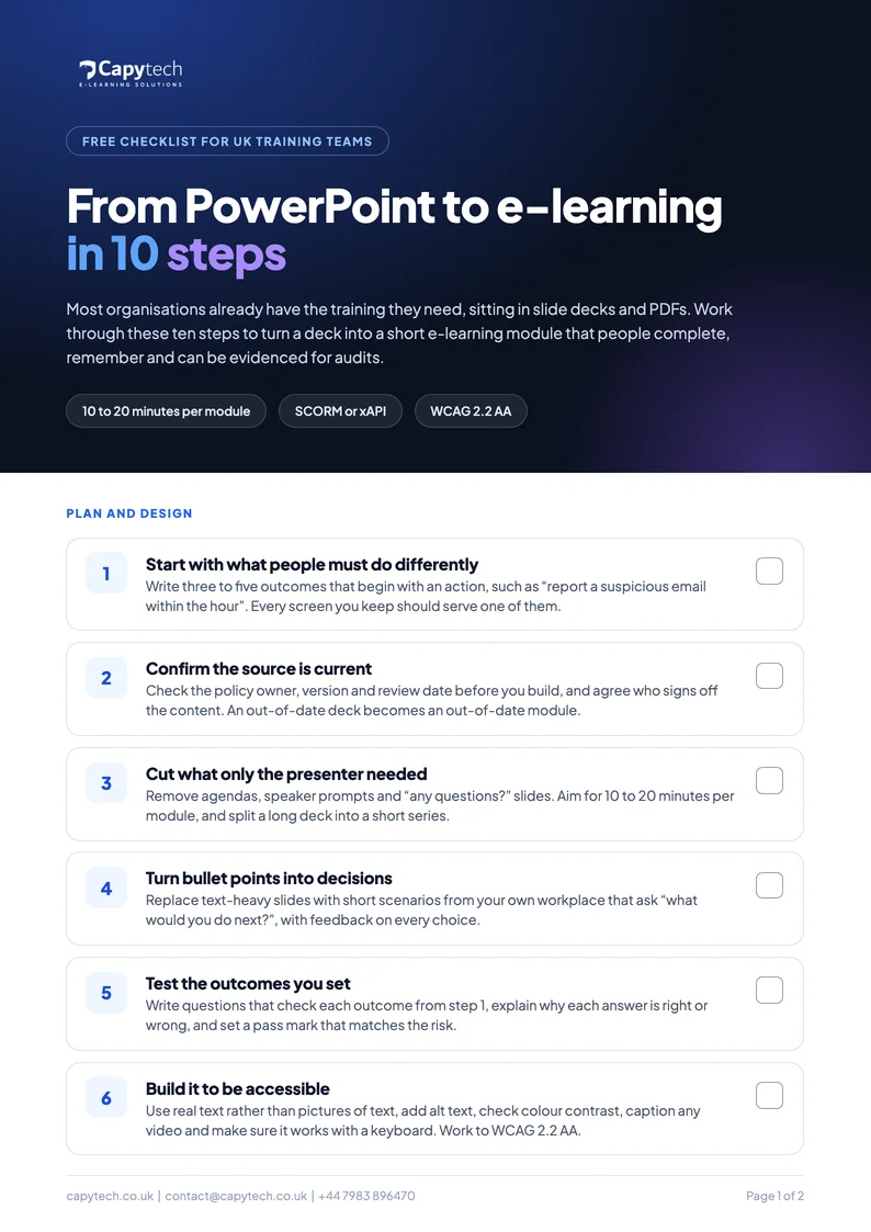 Page one of the checklist From PowerPoint to e-learning in 10 steps